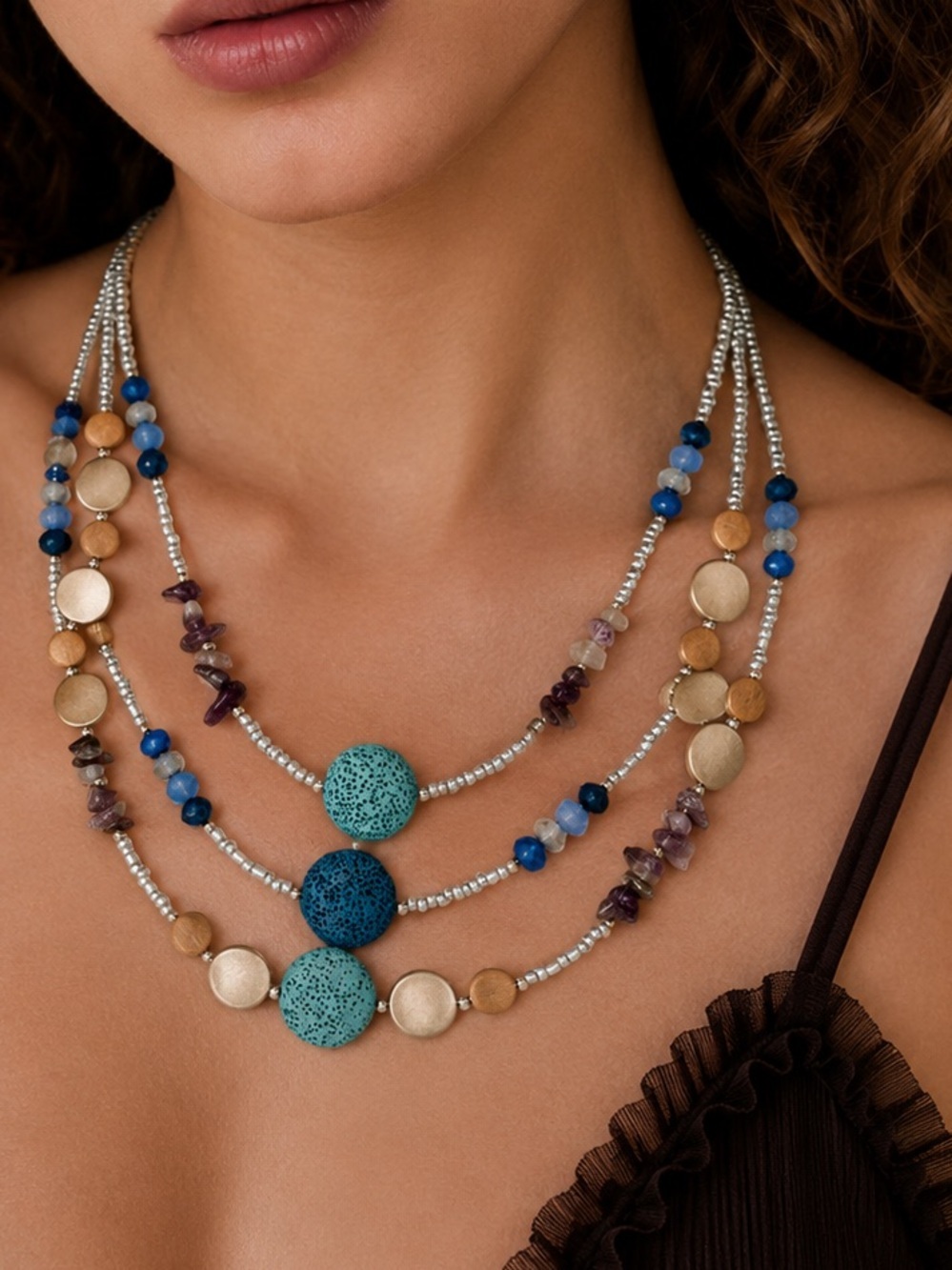 Layered Blue  Bead Statement Necklace